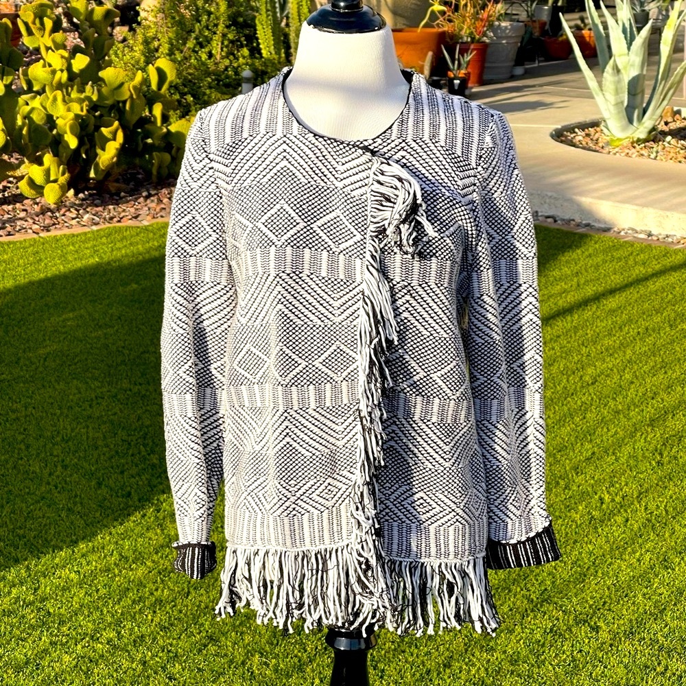 Sharon Young Black and White Geometric Shrug with Fringe